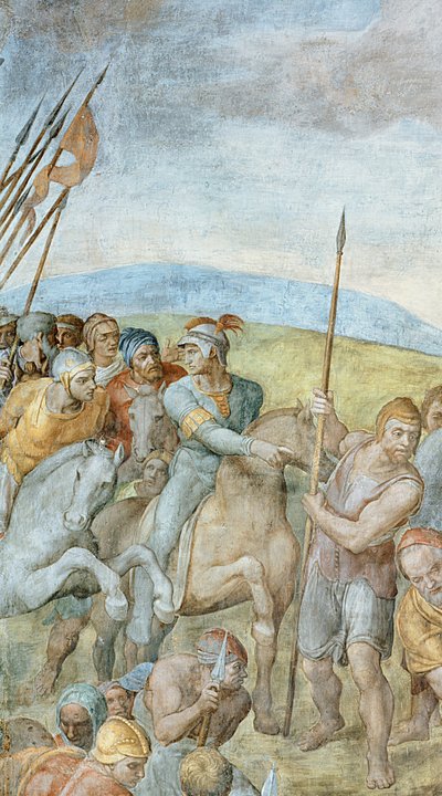 Group of Roman soldiers with their leader pointing towards Saint Peter on the cross, detail of the Crucifixion of St. Peter, 1546-50 (detail) by Michelangelo Buonarroti